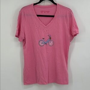 Life is Good Bike Flower Baskets V Neck Tee Pink Size Medium